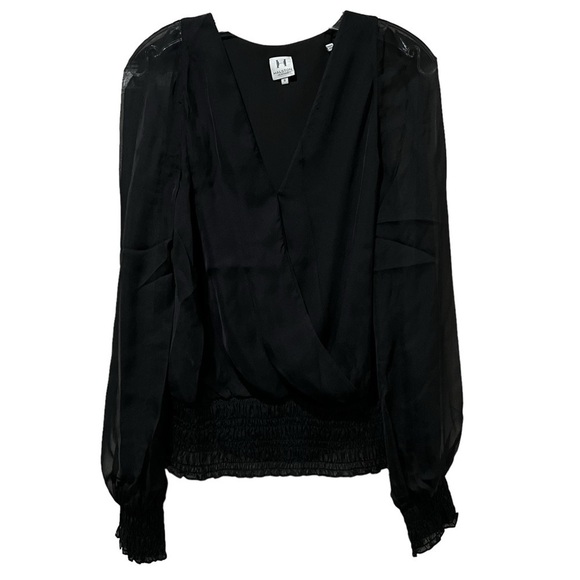 Halston Heritage 8 Black Silk Sheer Long Sleeve Smocked Hem Blouse R6 - Picture 1 of 4